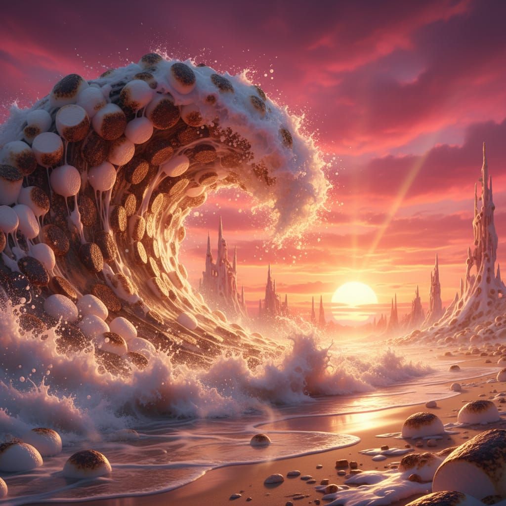 Marshmallow Tsunami Crashing on Beach at Sunset