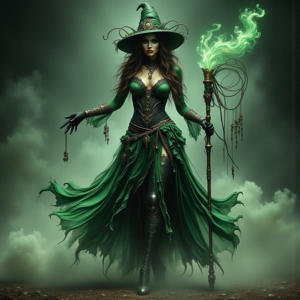 Surreal Voodoo Steampunk Goddess Emits Green Flames