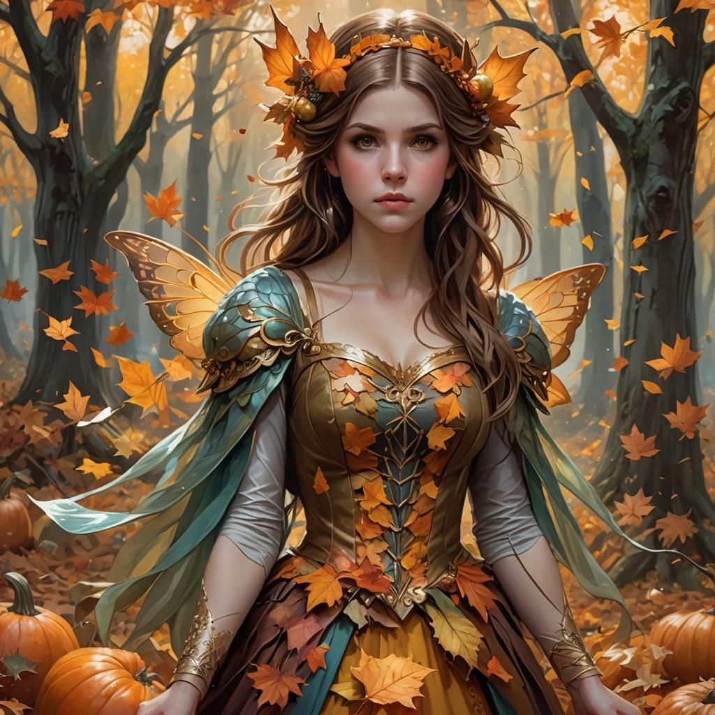Autumn Fairy Princess in Misty Woods, Digital Art