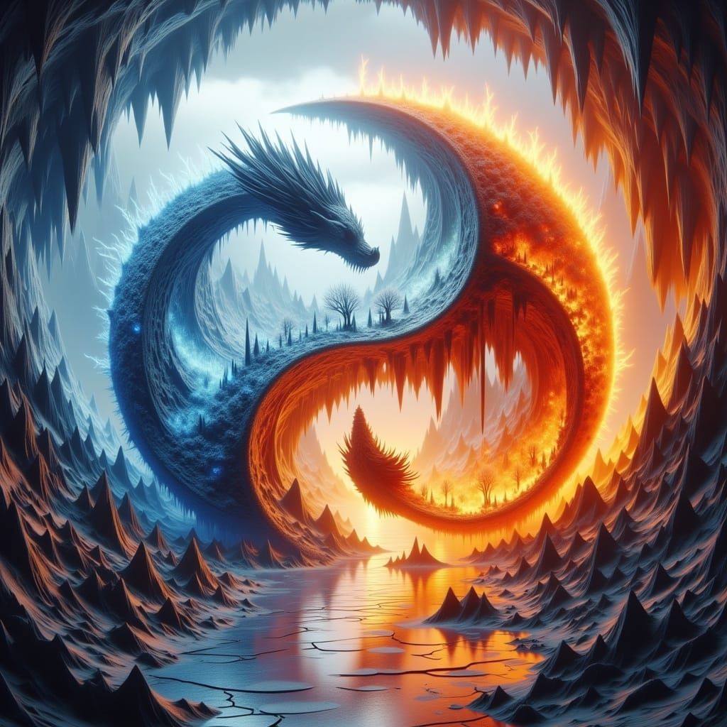 Ice Dragon and Fire Dragon: Yin-Yang Fantasy Art