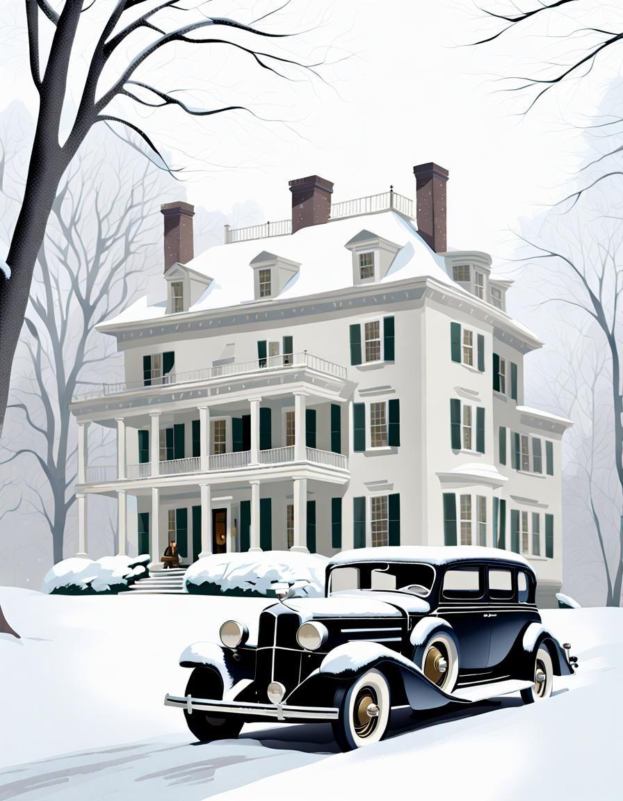 Elegant New England Mansion in Winter, Vintage Poster Style
