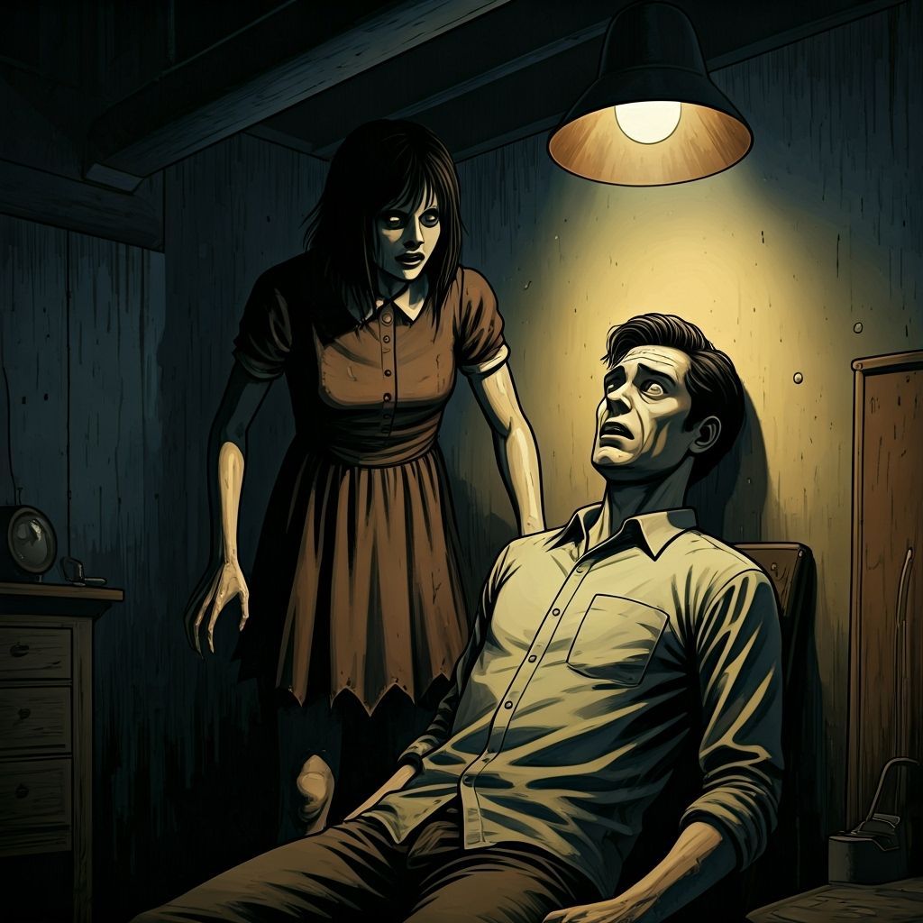 Sinister Girl Dominates Basement Scene in Pulp Horror Style