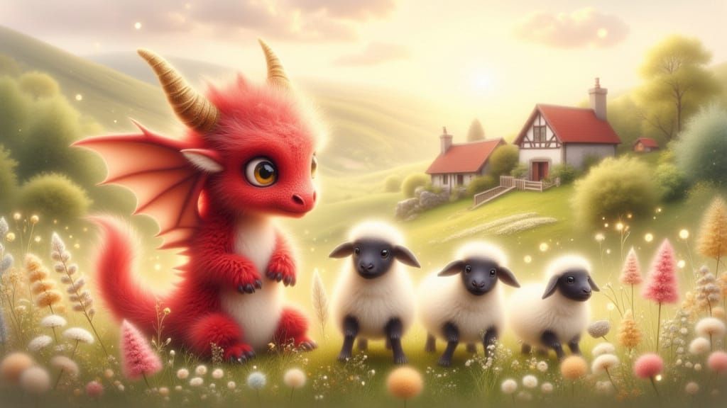Fluffy Dragon Guards Sheep in Welsh Countryside