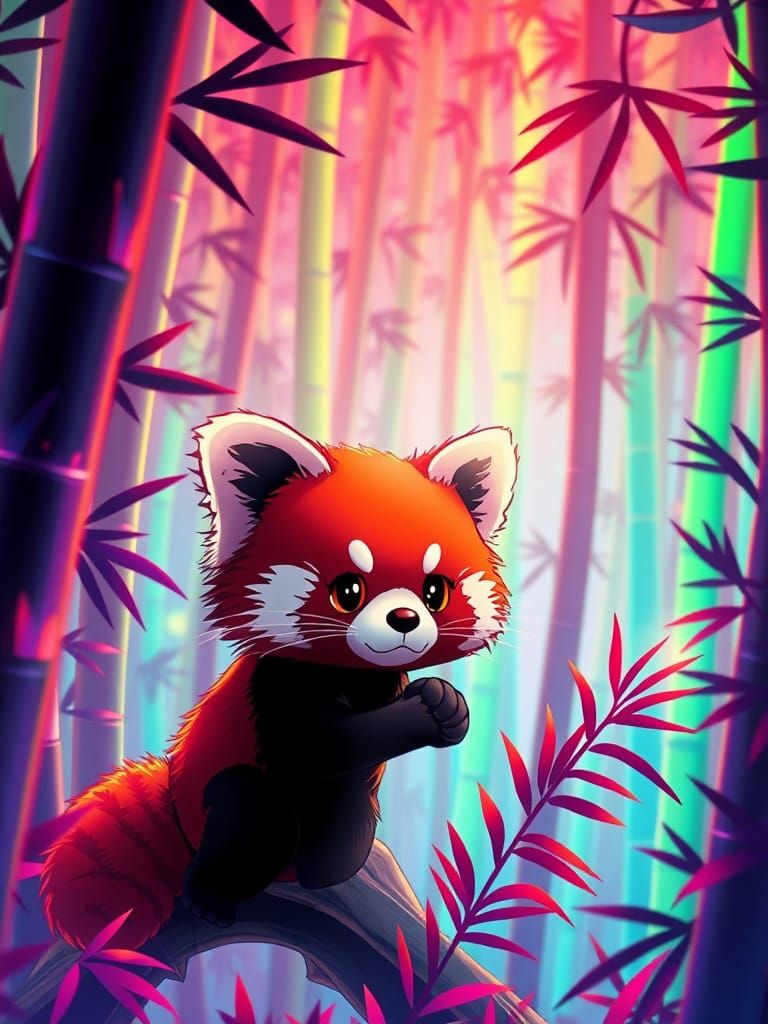 Chibi Red Panda in Fiberoptic Cyberpunk Forest