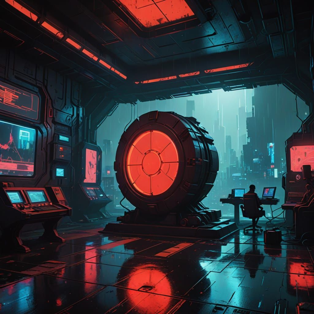 Cyberpunk Film Still: Red Button Amidst Dystopian Ruin