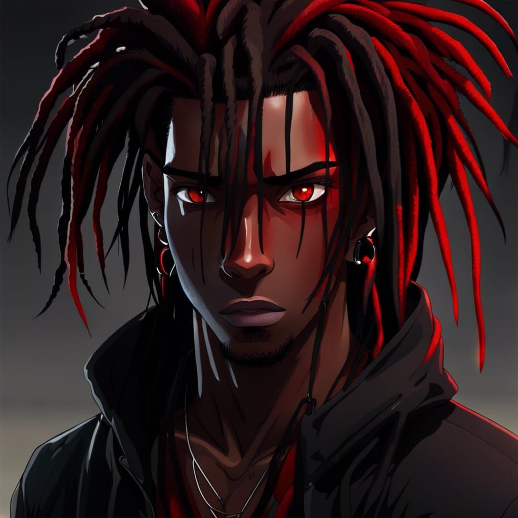 Anime-Style Portrait of Black Man with Red Dreads