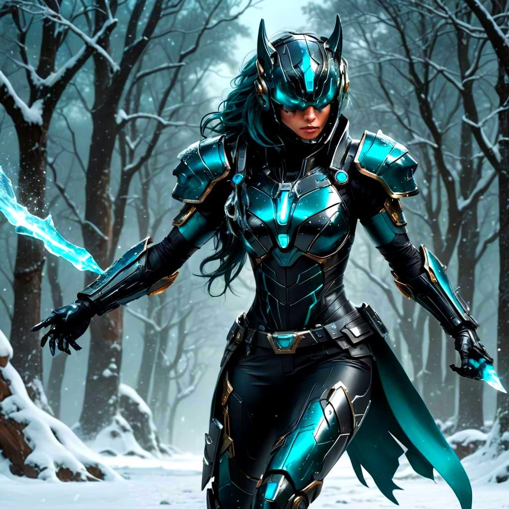 Cybernetic Superheroine with Icicle in Cyberpunk Style