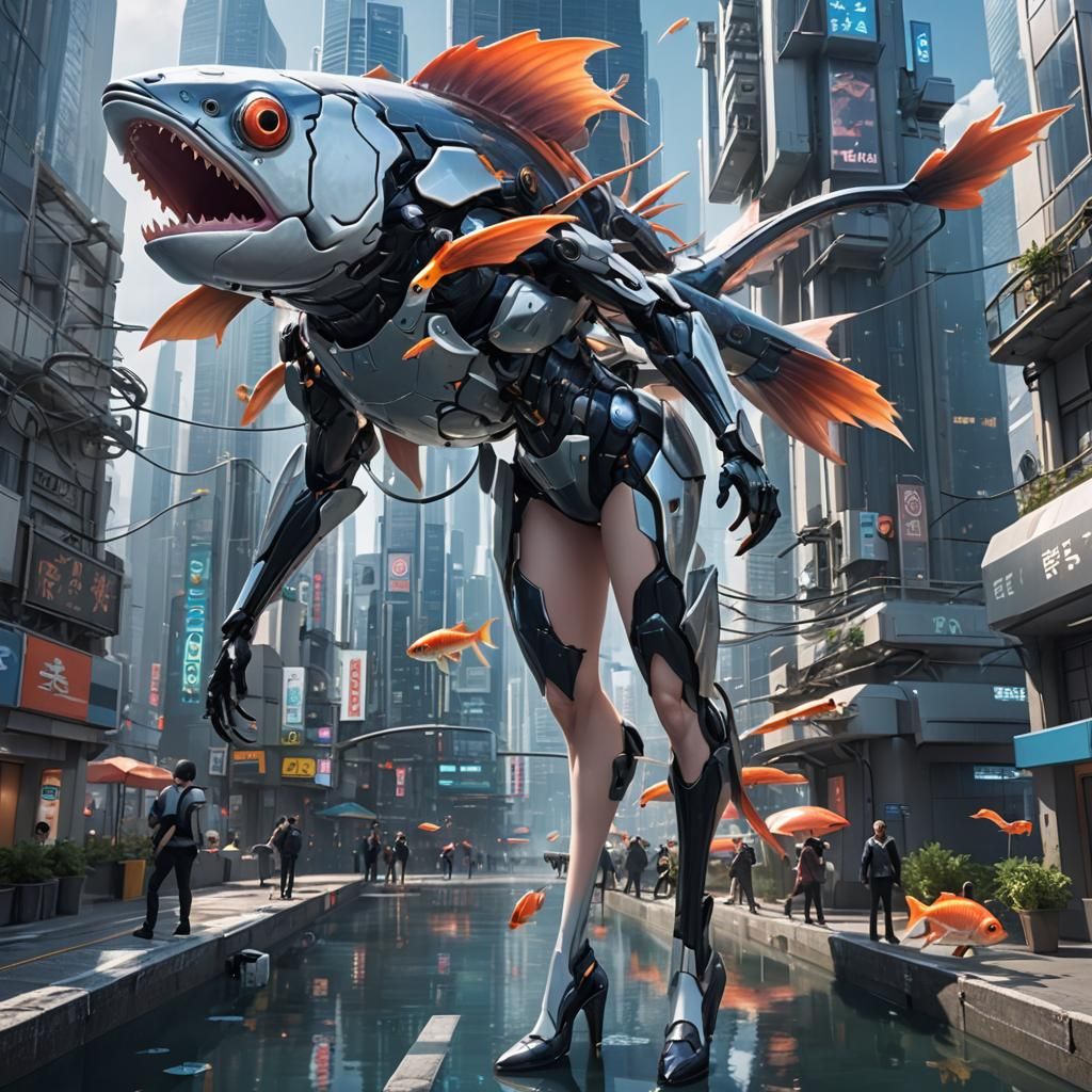 Fish with Human Legs in Futuristic Anime City
