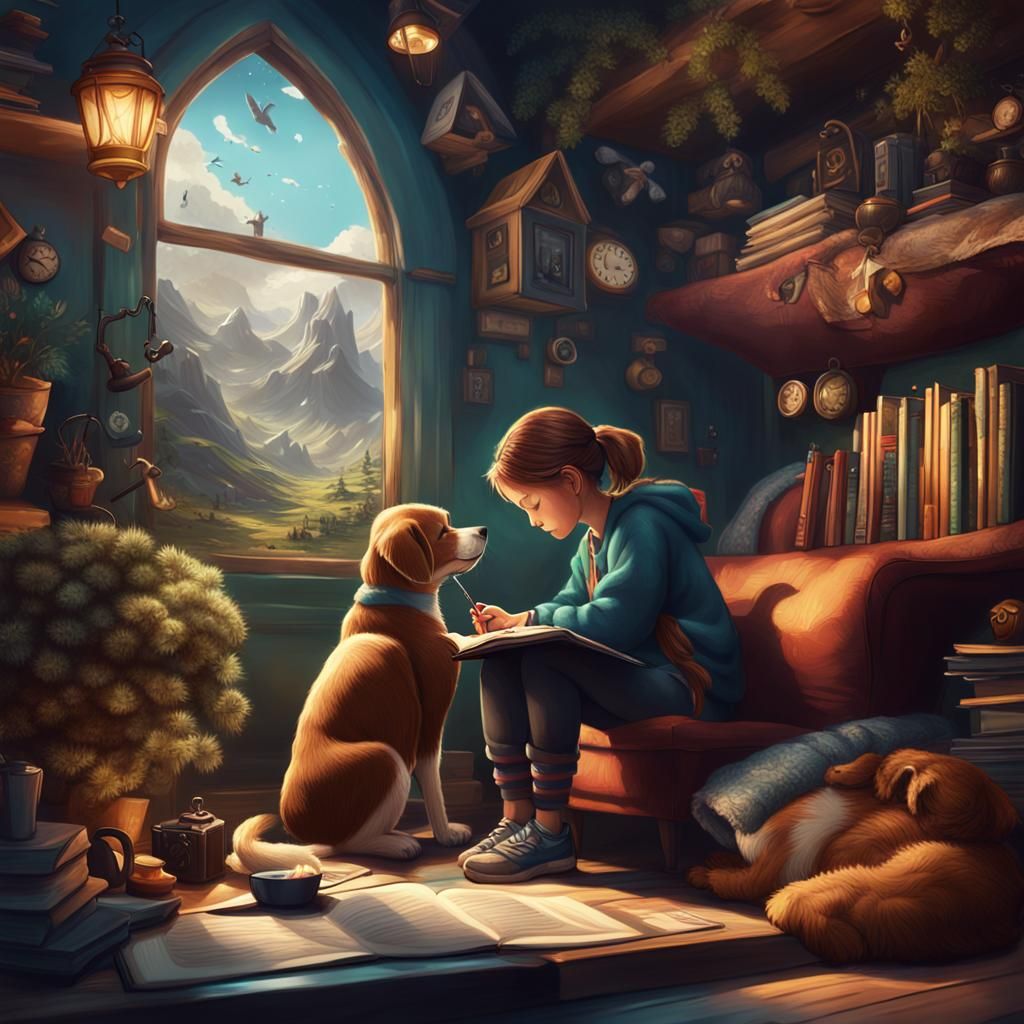 Heartwarming Journaling Scene with Pet, Detailed Matte Paint...