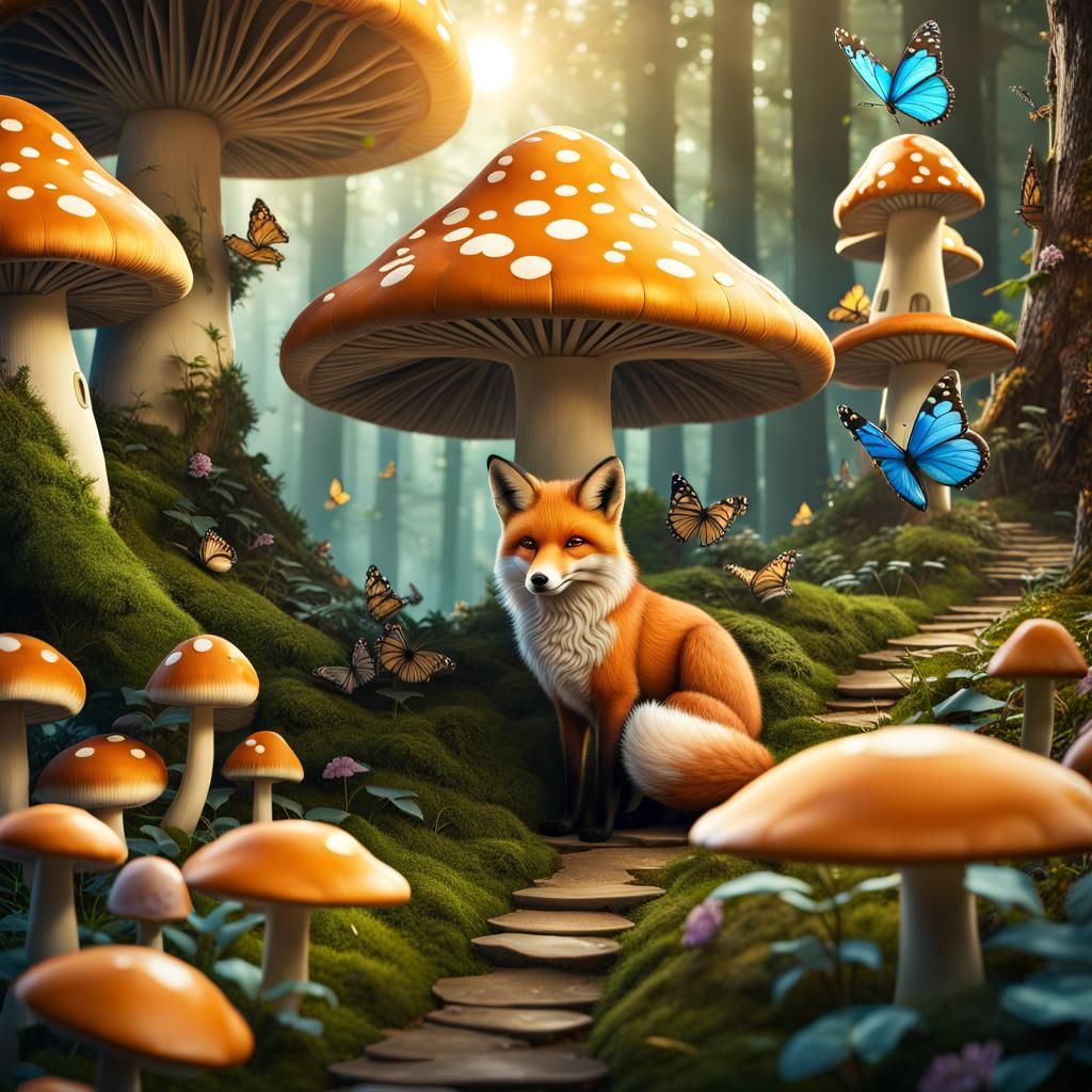 Fox in Mushroom Kingdom: Enchanted Forest Scene