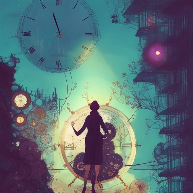 Woman Time Traveler in Intricate Album Art