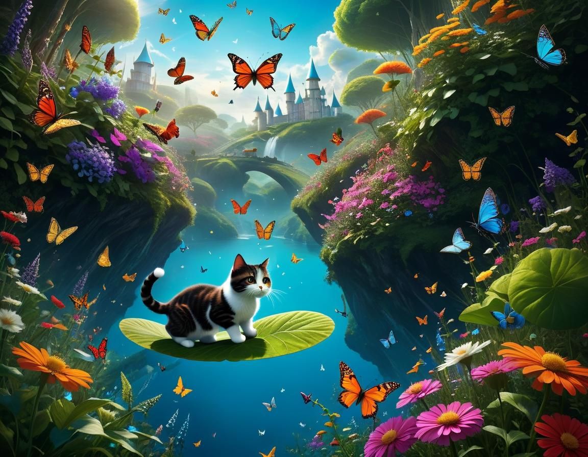 Whimsical Cat Chasing Butterflies in Wonderland
