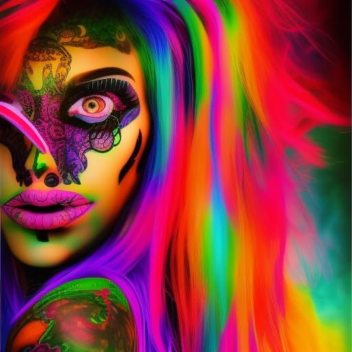 Neon Gothic Girl Portrait with Butterfly Tattoo