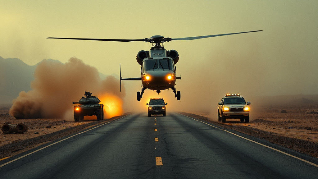 Bell Air Helicopter Chase on War-Torn Highway