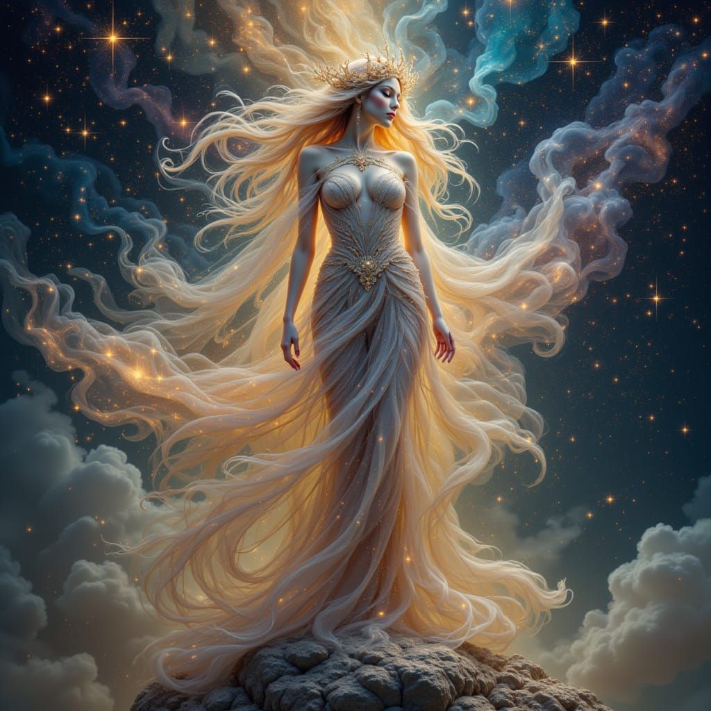 Celestial Goddess on Asteroid in Cosmic Style