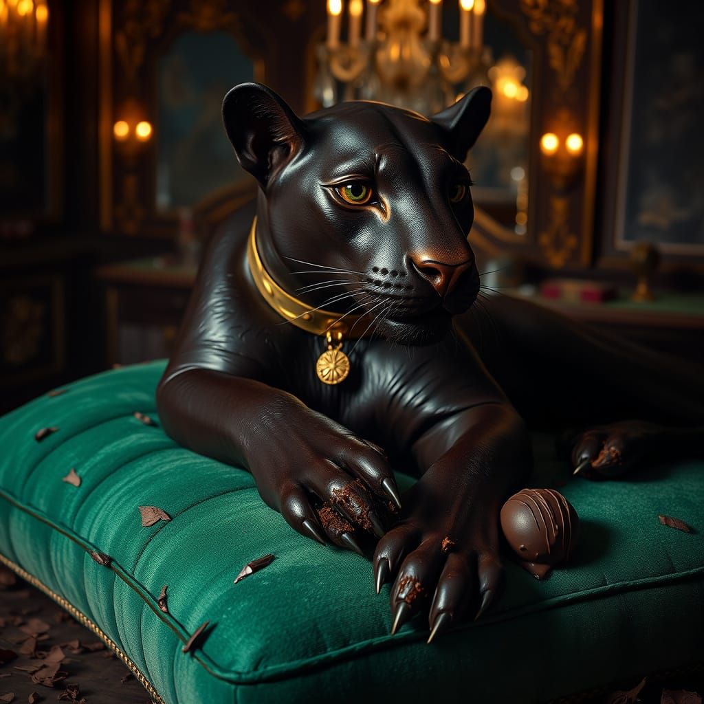 Chocolate Panther Lounging in Ornate Confectionery