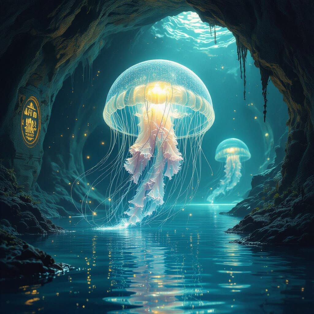 Bioluminescent Jellyfish Drifting in Underground Lake