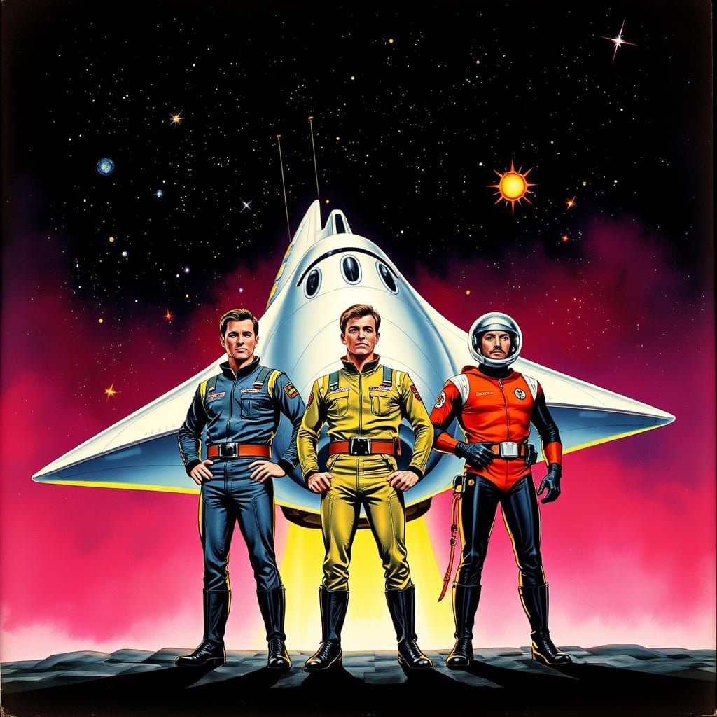 Classic Space Explorers Stand Before Retro-Futuristic Spaces...