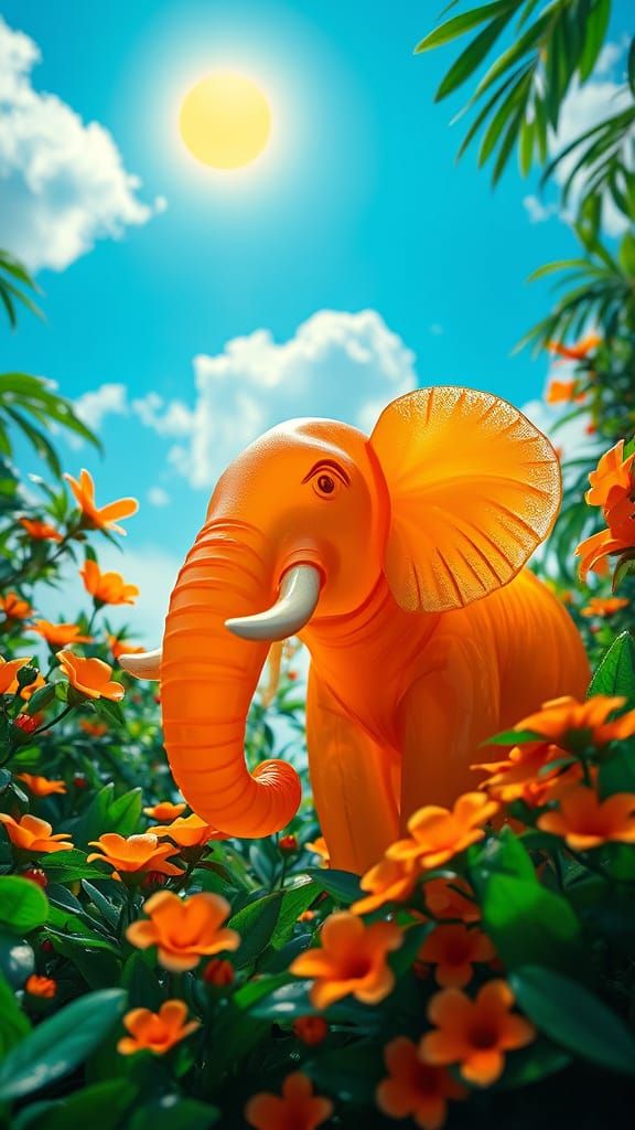 Gelatin Jelly Orange Elephant in Lush Jungle Scene