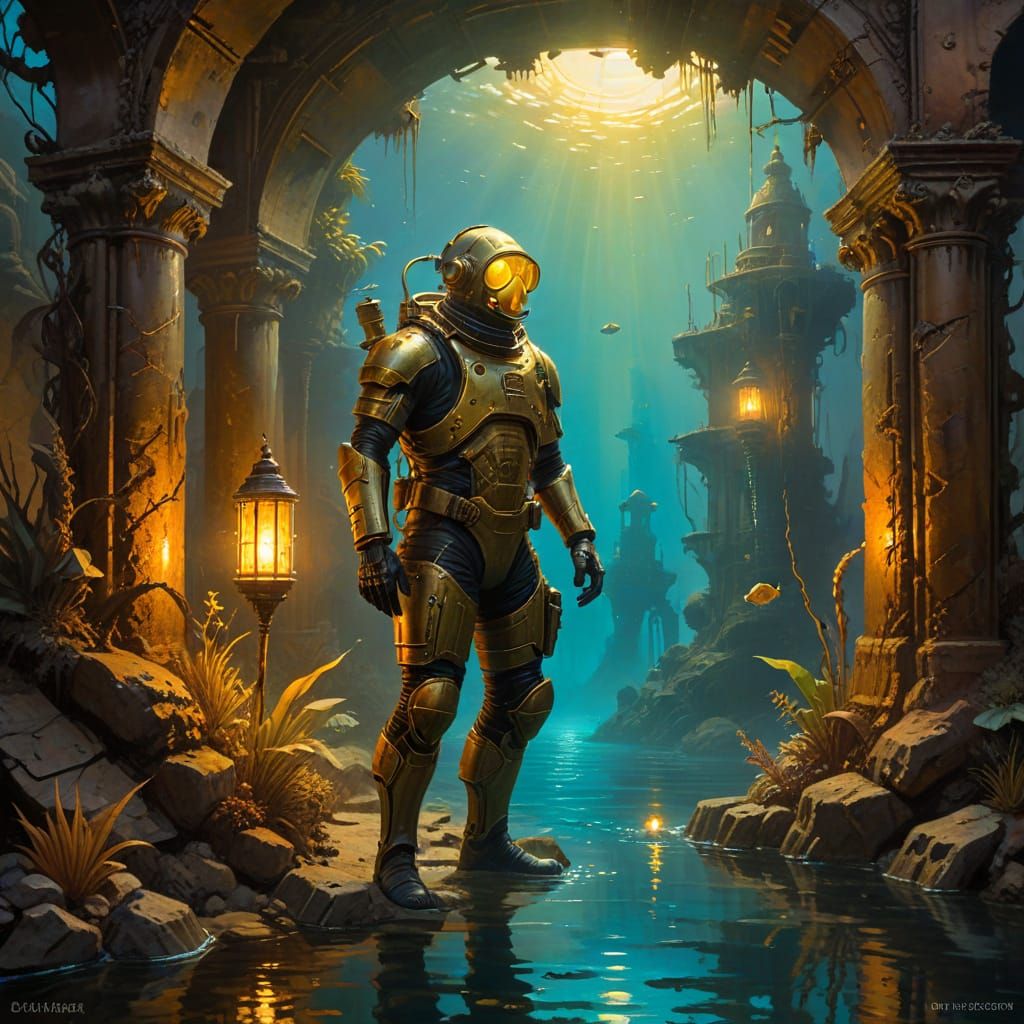 Steampunk Diver Explores Sunken City Ruins