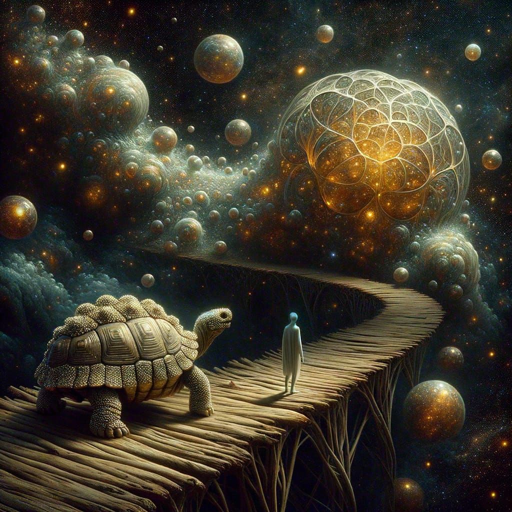 Cosmic Dreamscape with Humanoid and Metallic Tortoise