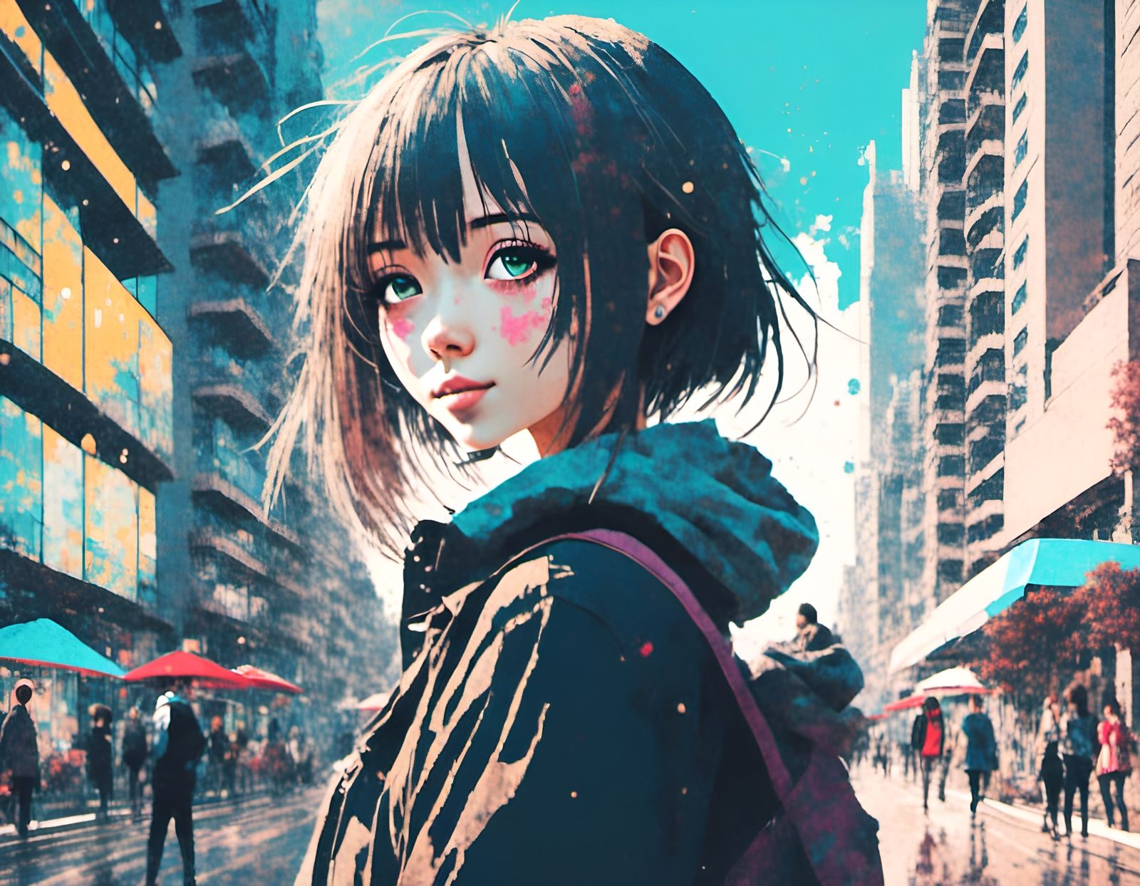 Anime Girl in Cityscape: 2D Style