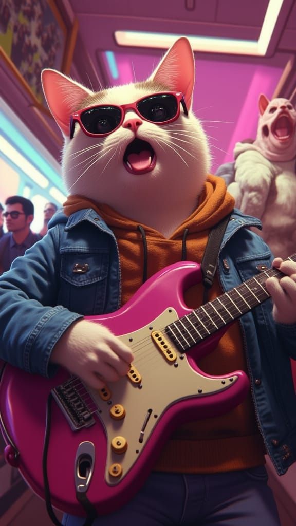 Cat Guitarist on Bus in Cityscape