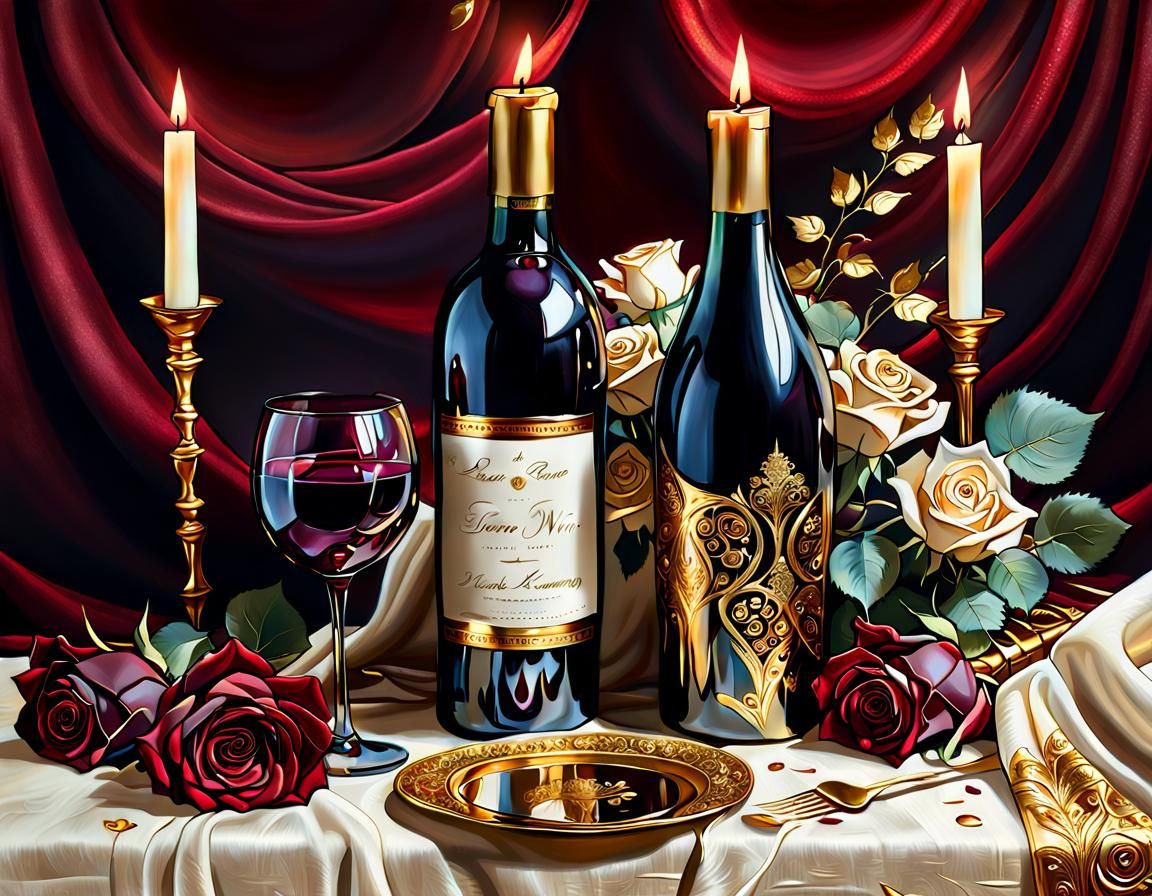 Romantic Wine Scene with Roses and Gold Embroidery