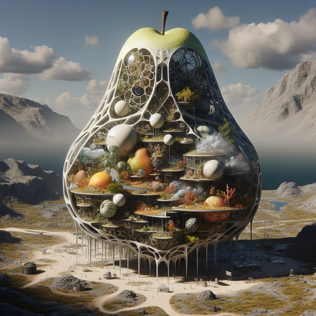 Surreal Pear Ecosystem Sculpture in Monochromatic Style