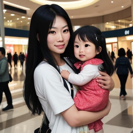 Asian American Woman and Daughter at Mall