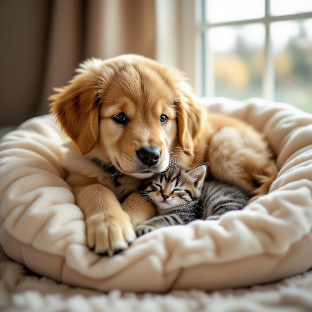 Golden Retriever Puppy Hugs Kitten on Plush Cat Bed