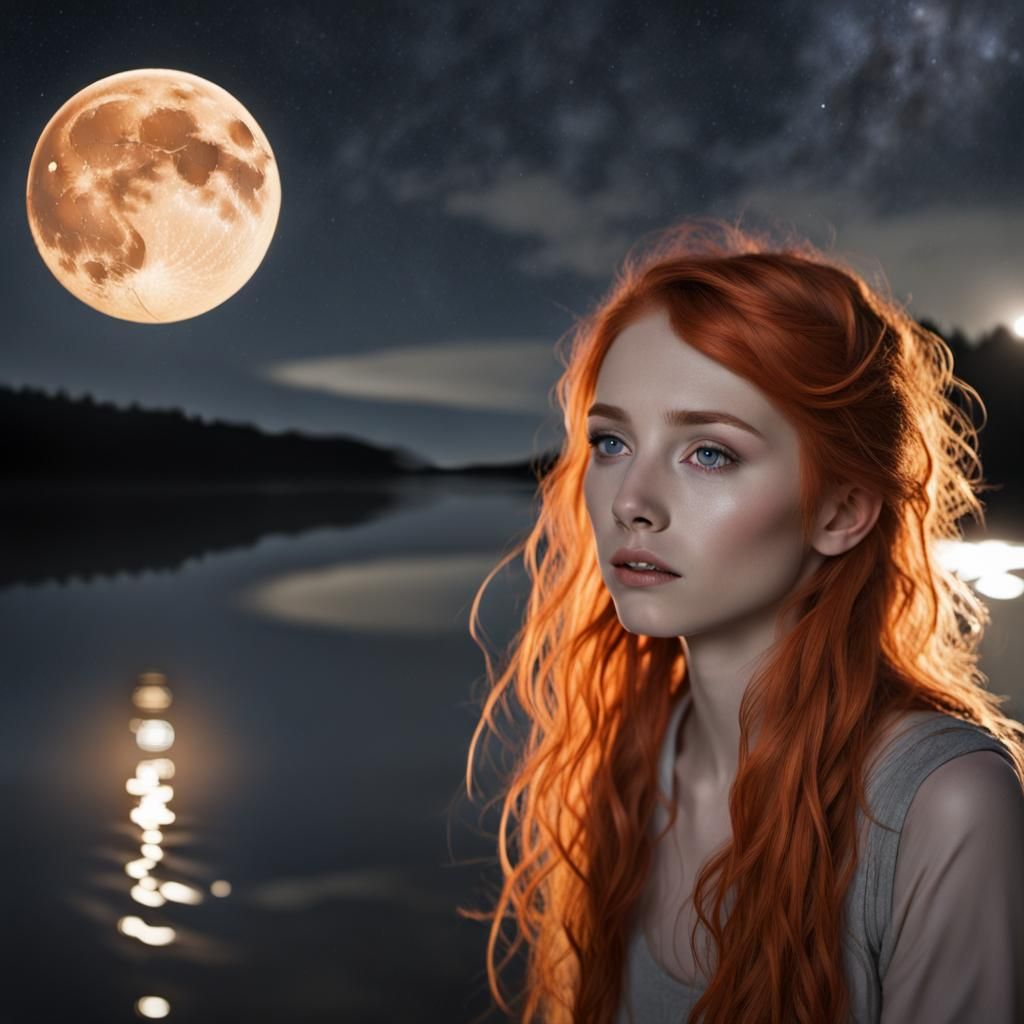 Crimson Moon Illuminates Woman by Lake