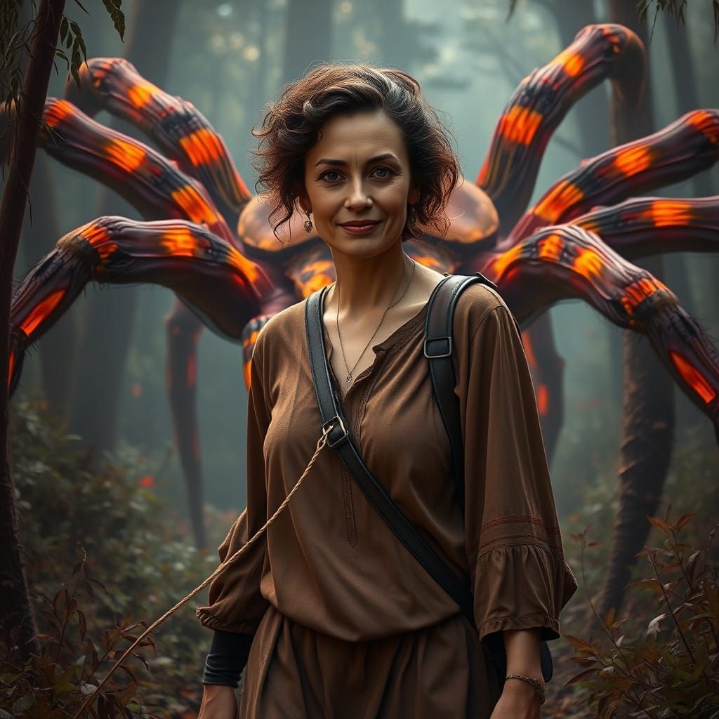 Woman Strolls Mystical Forest with Giant Tarantula