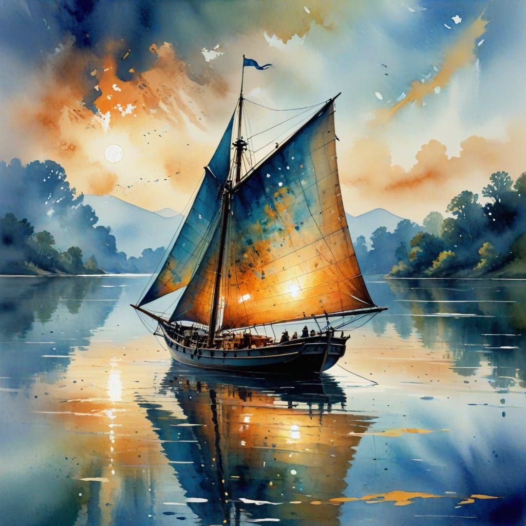 Old Sailing Ship on Stormy Seas: Watercolor Painting