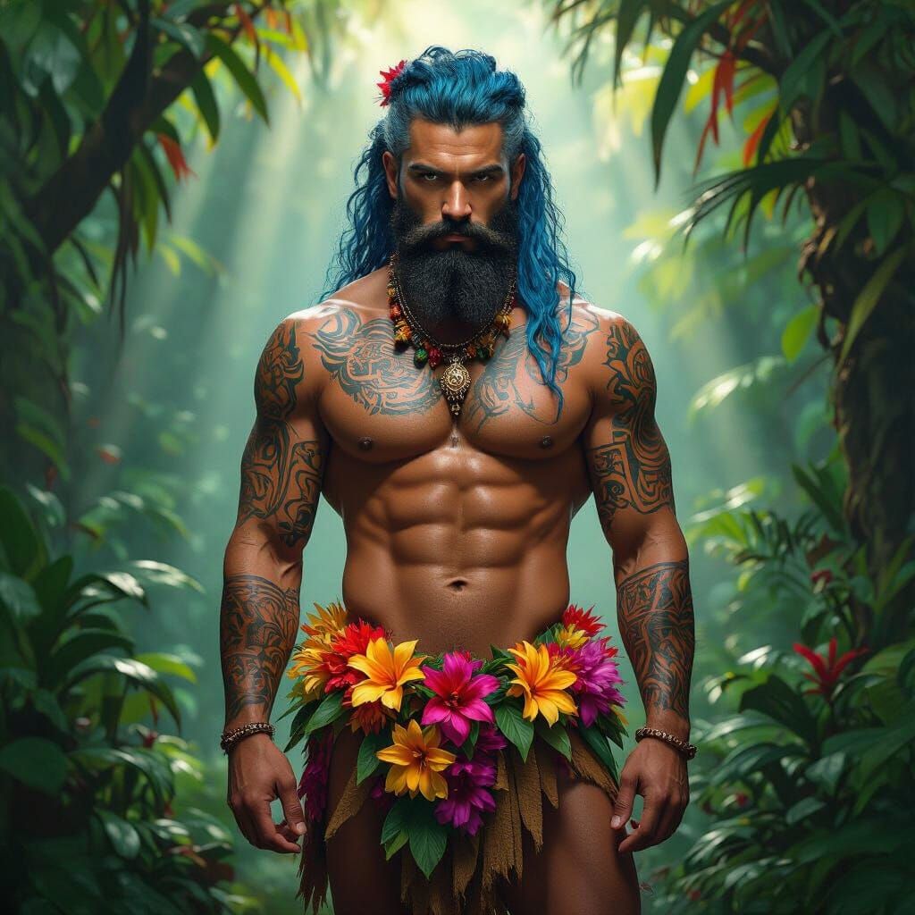 Blue-Haired Man in Rainforest, Hyperrealistic Style