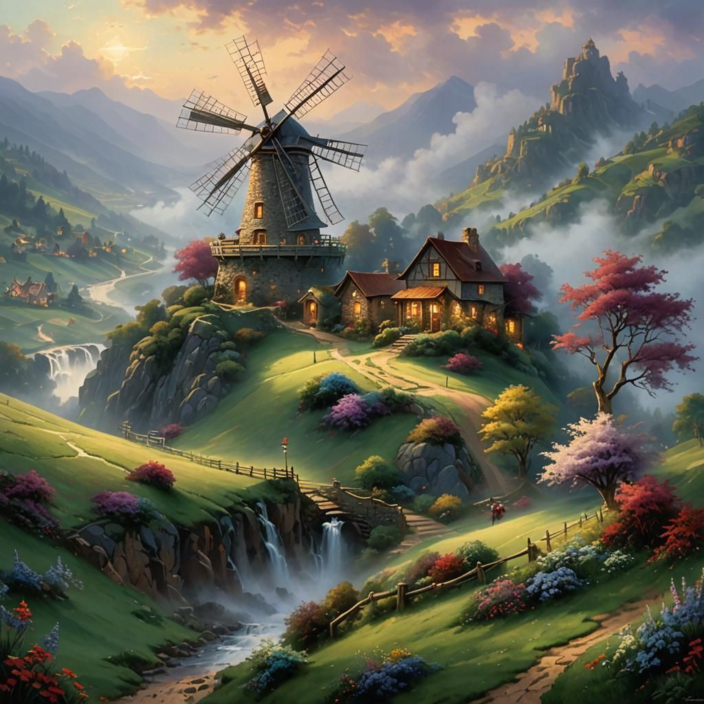 Windmill in Hilltop Fantasy Art