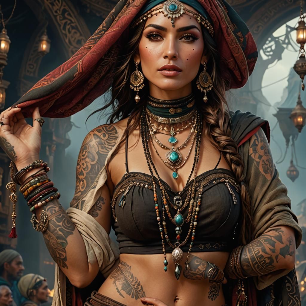 Detailed Portrait of a Gypsy Woman with Tattoos