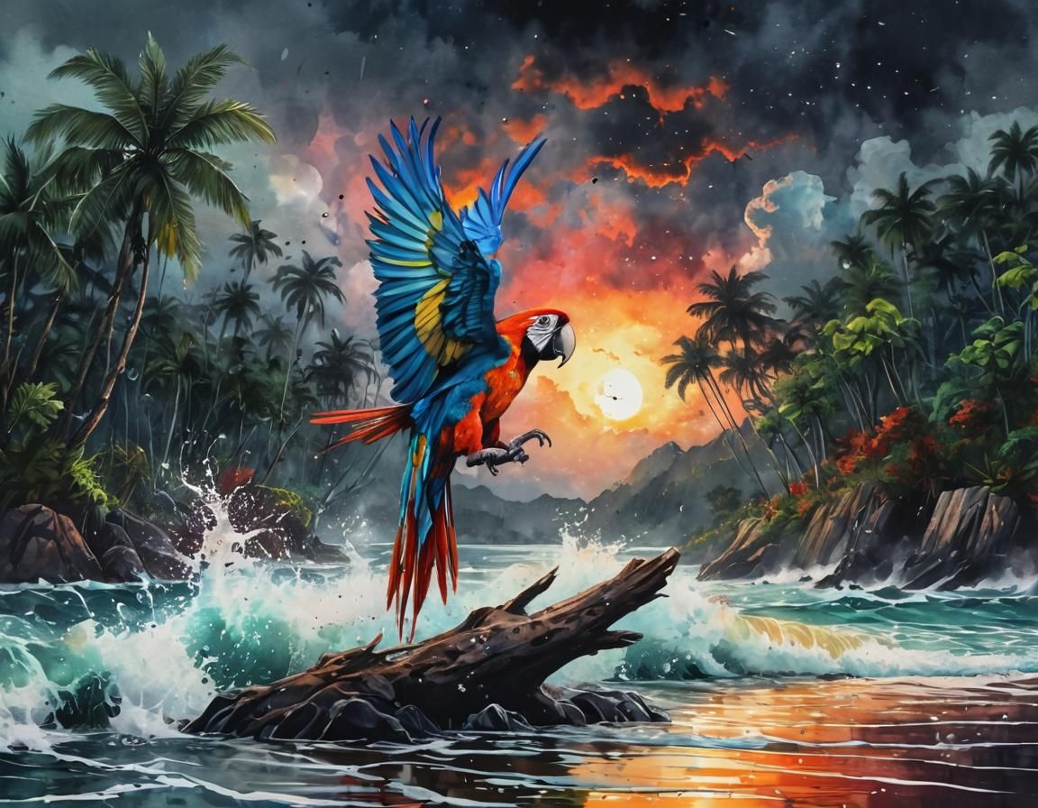 Macaw Parrot Directing Storms in Watercolor Rainforest