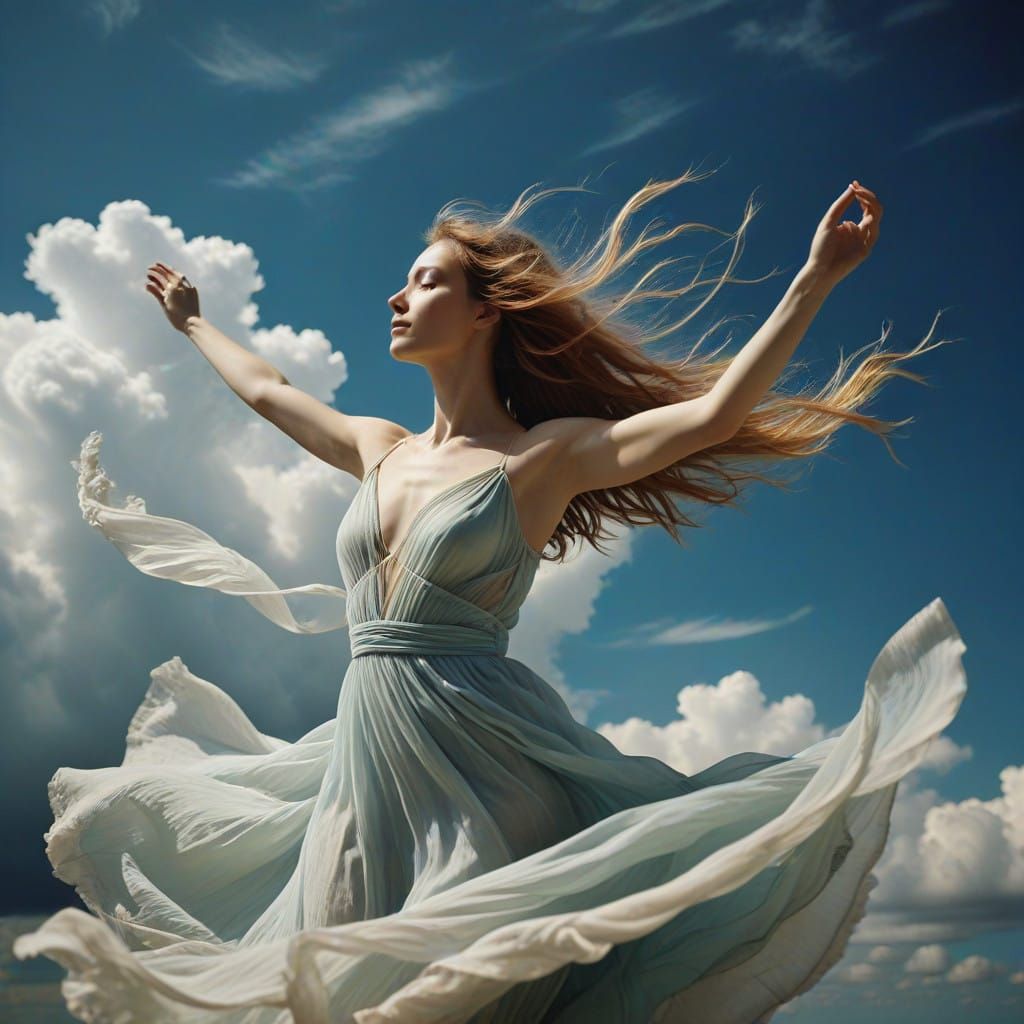 Ethereal Dream Goddess Soars Amidst Clouds