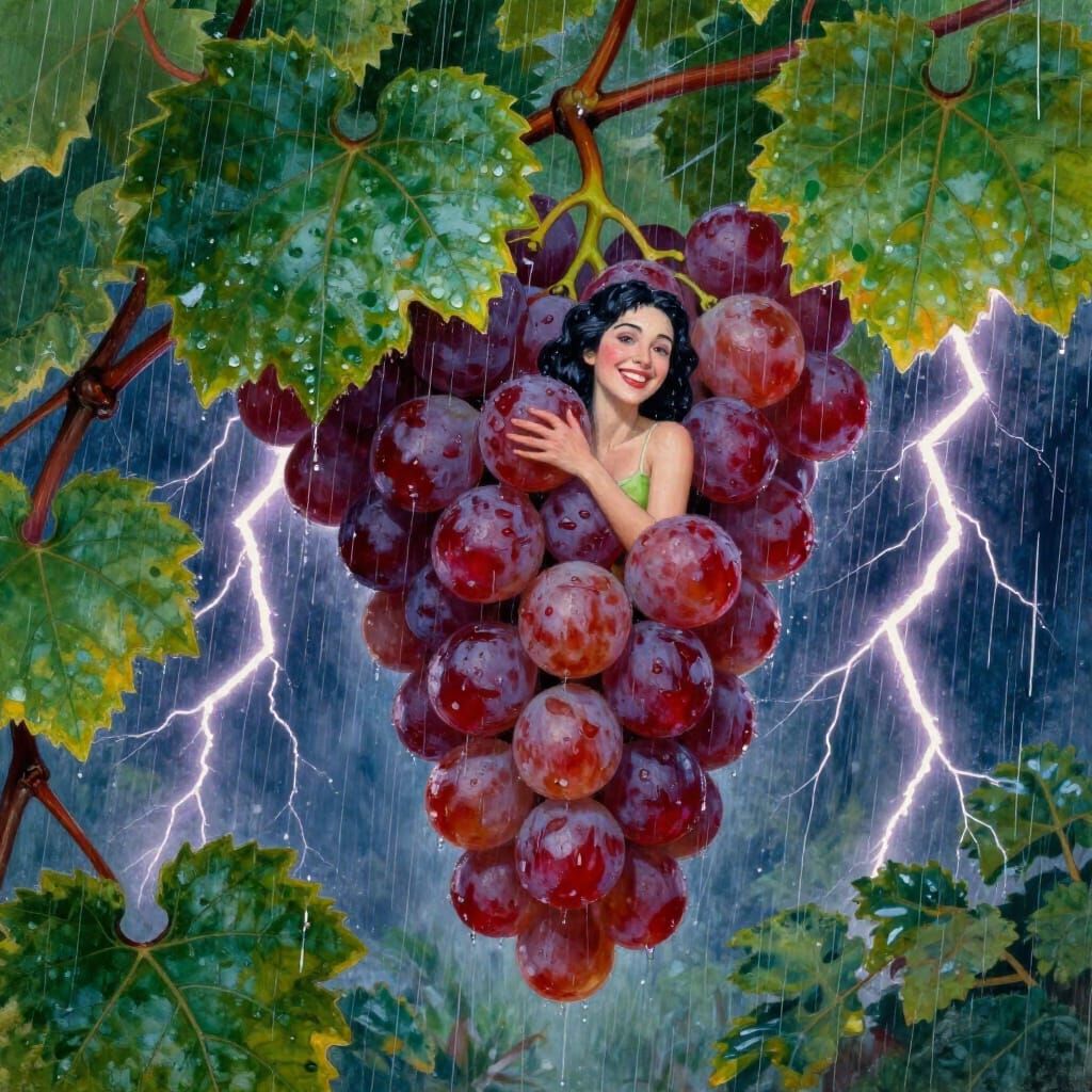 Woman Inside Giant Grape in Storm, Fantasy Art