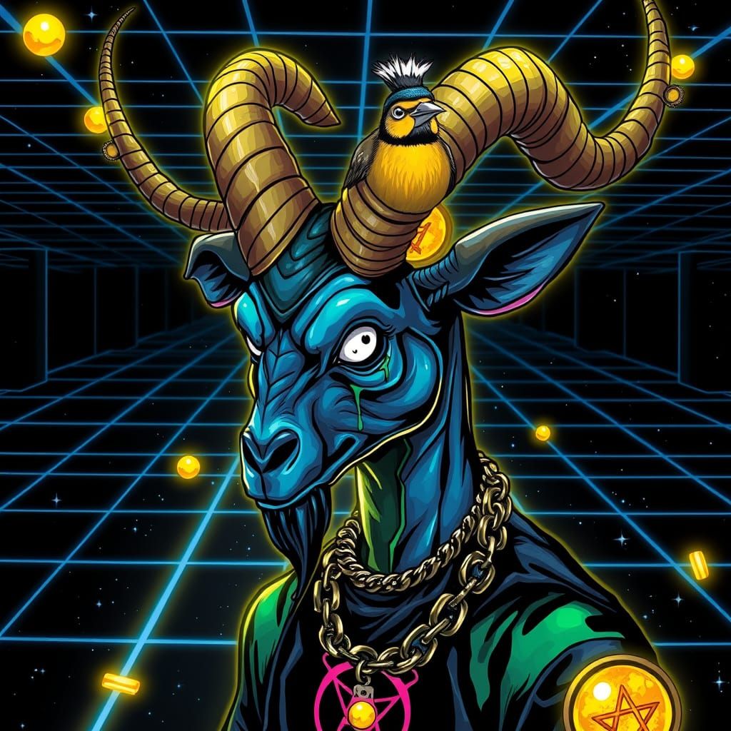 Surreal Baphomet Figure in Psychedelic, Hyper-Realistic Art