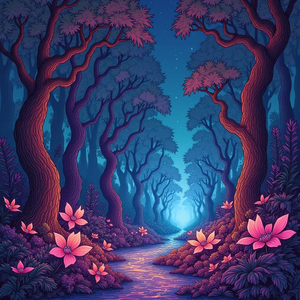 Psychedelic Forest Landscape with Glowing Plants