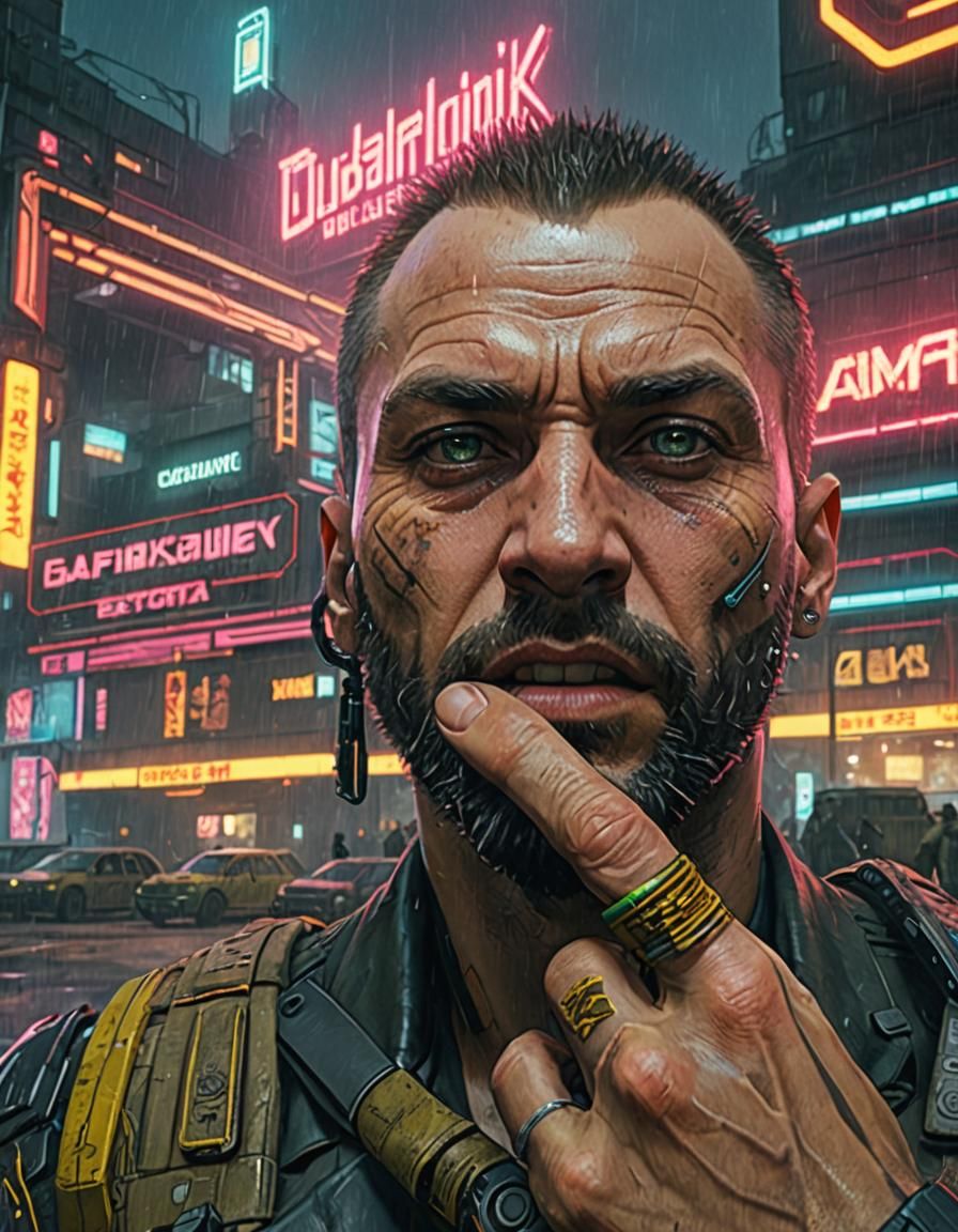 Cyberpunk Ukrainian Warrior in Neon Cityscape