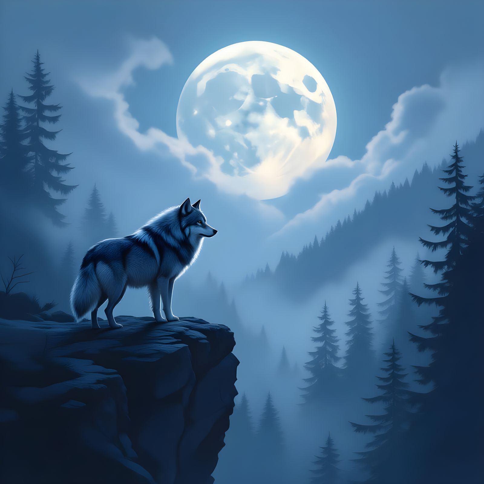 Timber Wolf and Moon in Foggy Forest