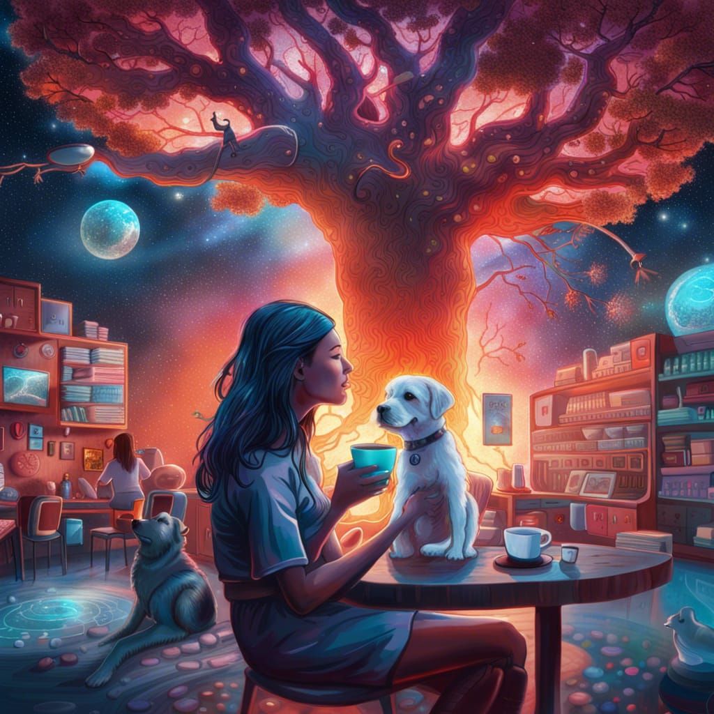 Girl, Dog, Coffee, Disaster: Cosmic Astral Illustration