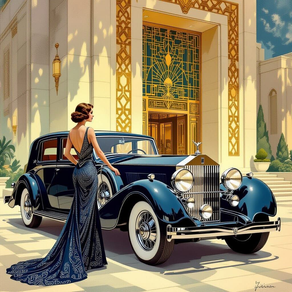 Glamorous Art Deco Woman and Classic Rolls-Royce