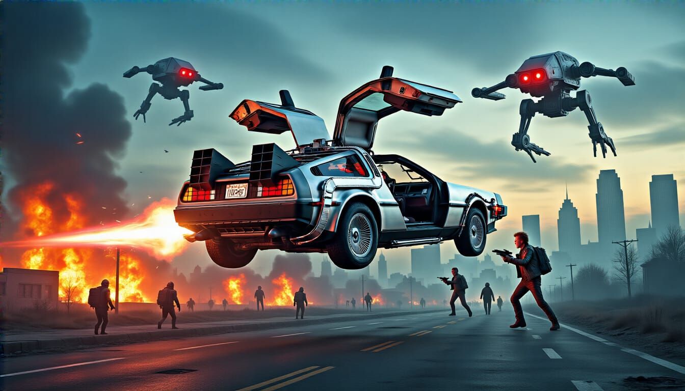 DeLorean in Skynet's Cyberpunk Wasteland