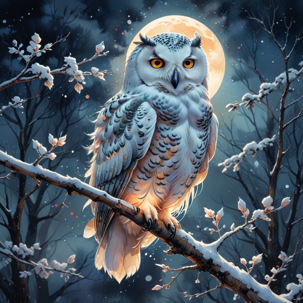 Snow Owl Gliding Across Moonlit Sky Watercolor