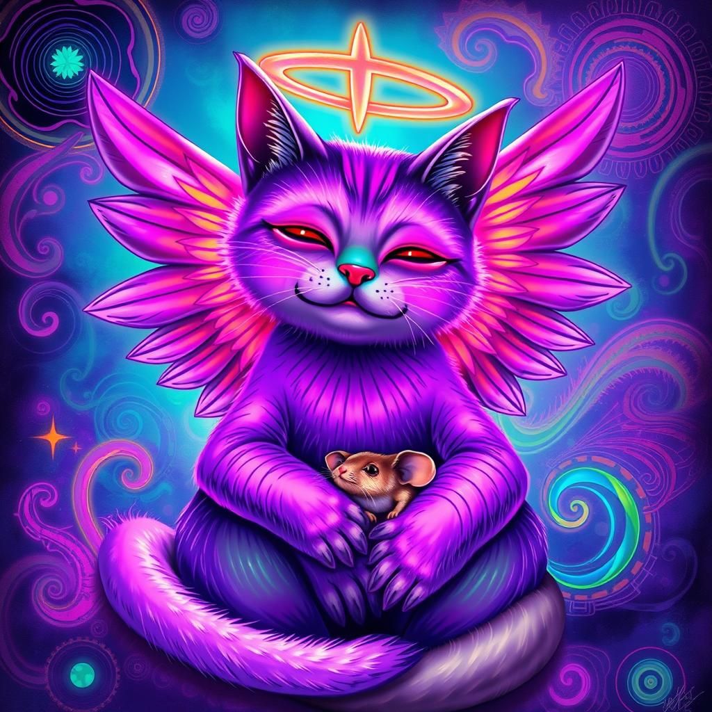 Psychedelic Angel Cat with Mouse in Cosmic Style