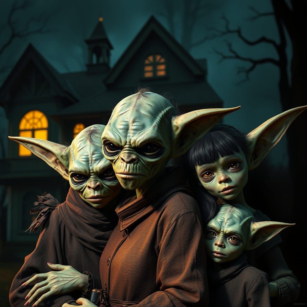 Whimsical Goblin Family in a Spooky Brown Hued Abode